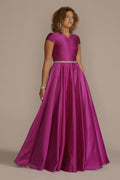 Cap Sleeve Satin Ball Gown With Embellished Waist