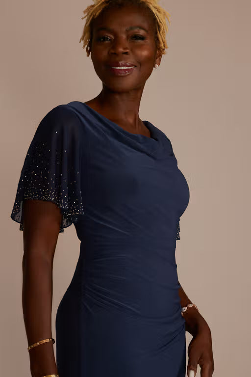 Embellished Short Sleeve Cowl Neck Jersey Sheath