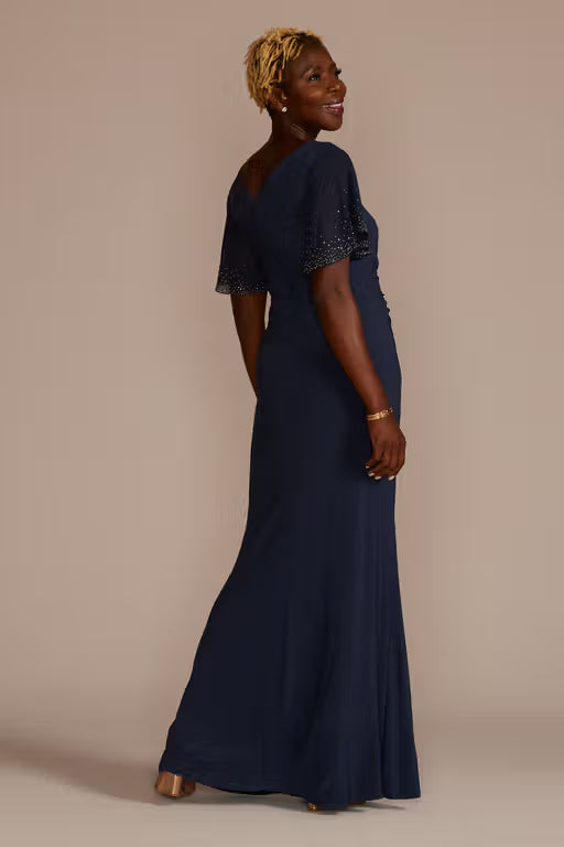 Embellished Short Sleeve Cowl Neck Jersey Sheath