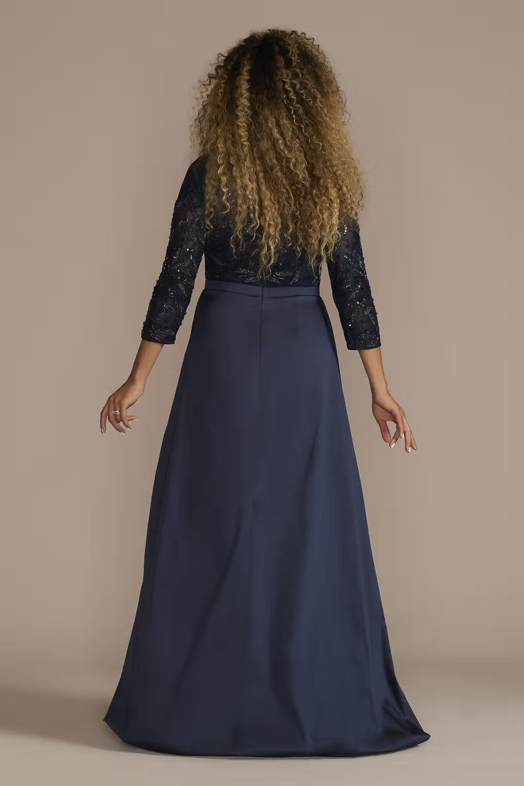 Three Quarter Sleeve Beaded Lace Ball Gown