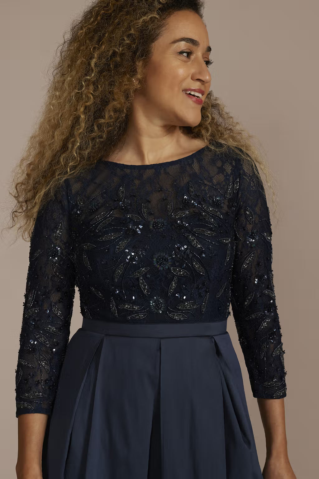 Three Quarter Sleeve Beaded Lace Ball Gown