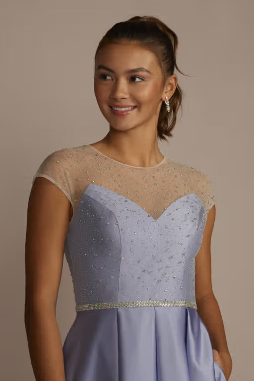 Satin Ball Gown with Sheer Embellished Top