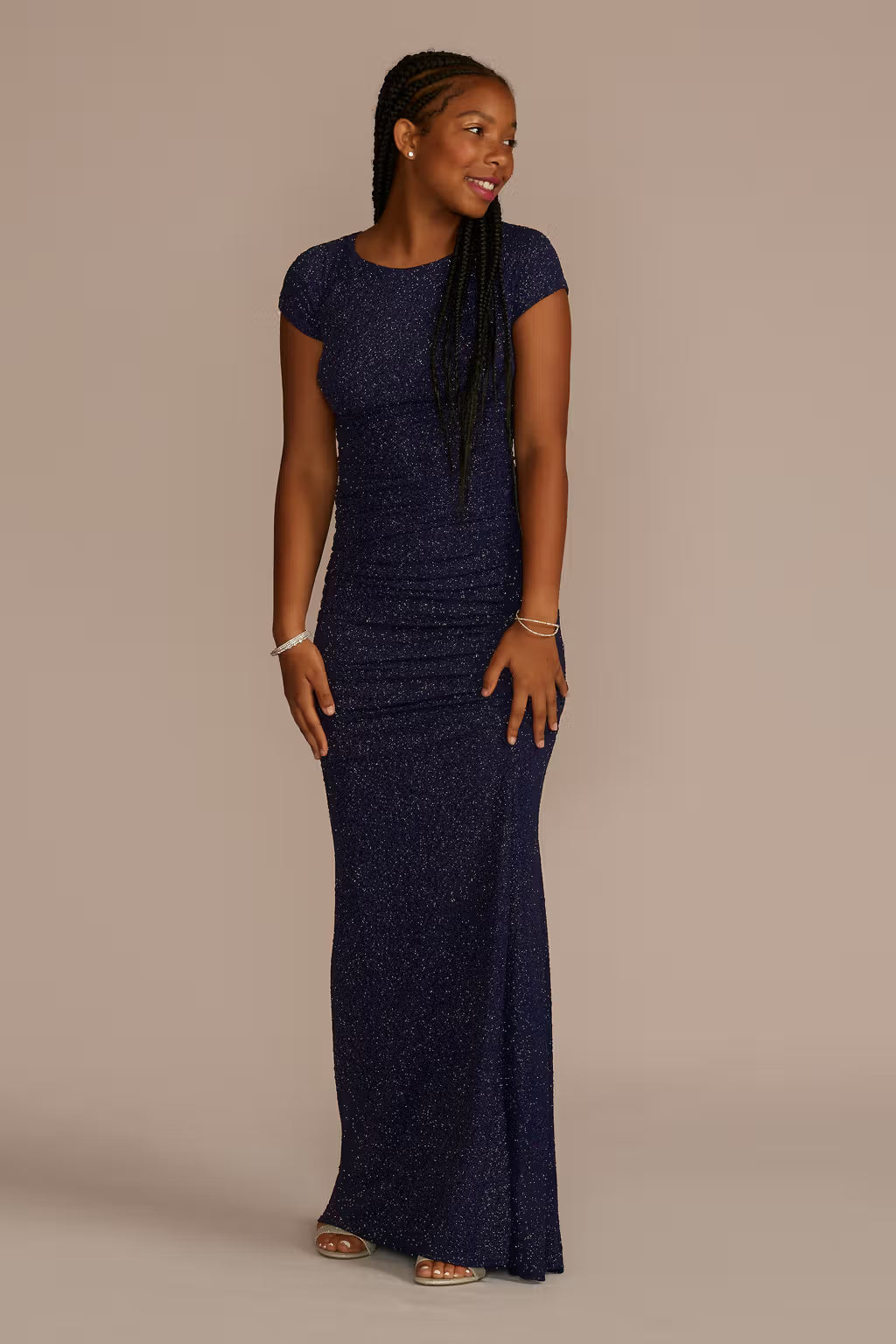 Ruched Glitter Knit Cap Sleeve Dress