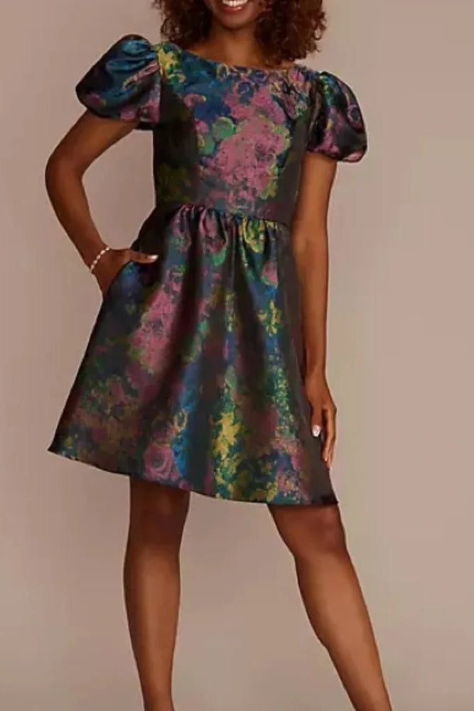 Short Puff Sleeve Brocade Dres