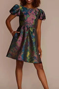 Short Puff Sleeve Brocade Dres