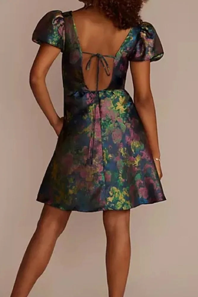 Short Puff Sleeve Brocade Dres