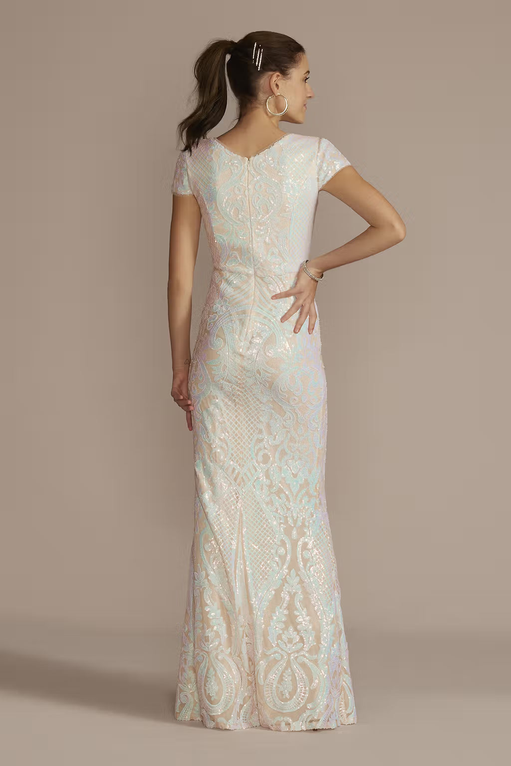 Cap Sleeve Iridescent Patterned Sequin Sheath Dress