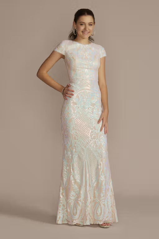 Cap Sleeve Iridescent Patterned Sequin Sheath Dress