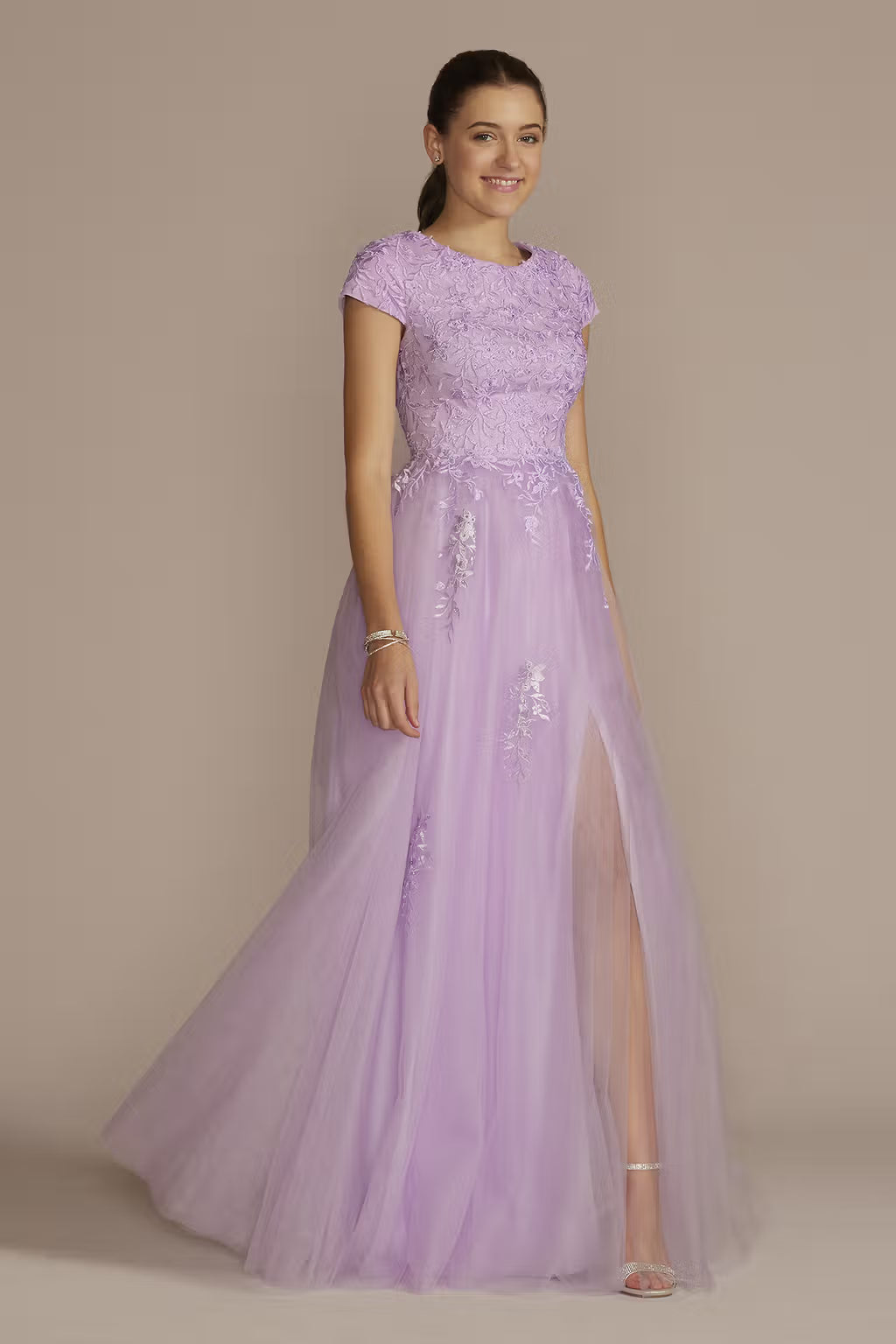 Cap Sleeve Embroidered Lace Tulle Ball Gown