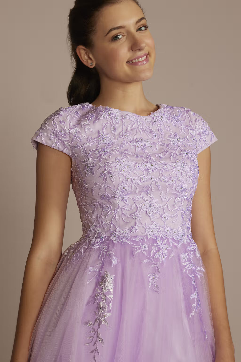 Cap Sleeve Embroidered Lace Tulle Ball Gown