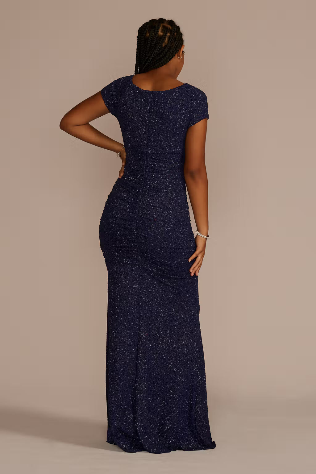 Ruched Glitter Knit Cap Sleeve Dress