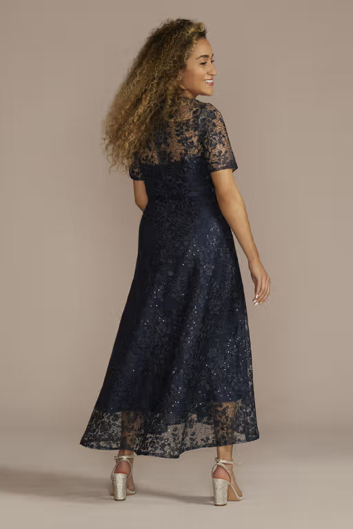 Short Sleeve Illusion Lace High-Low Dress
