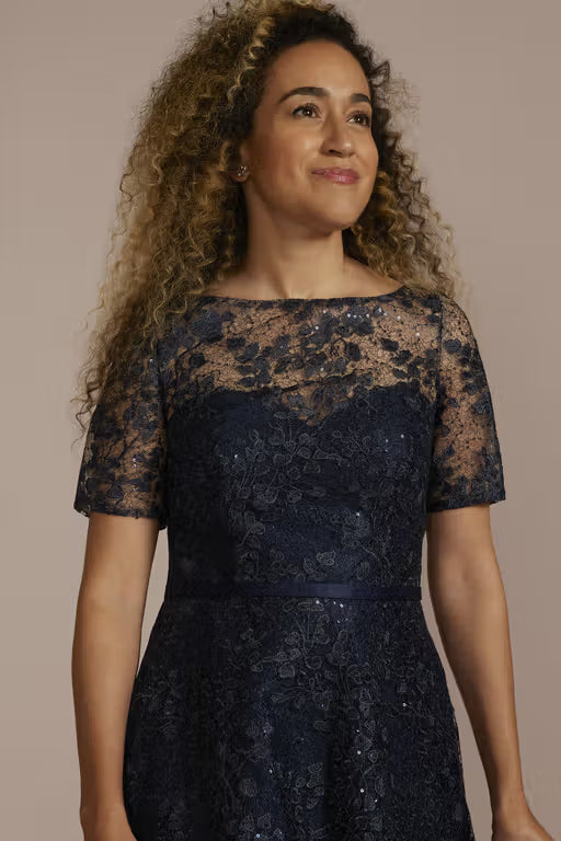 Short Sleeve Illusion Lace High-Low Dress