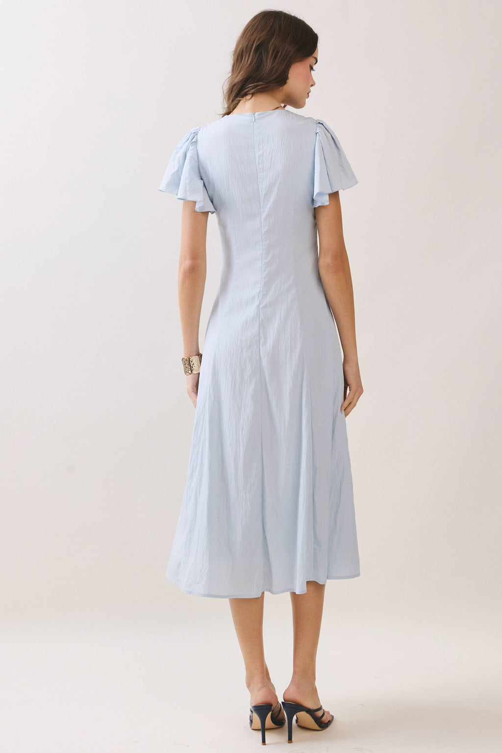 Flutter Short Sleeves Flowy Hem Midi Dress
