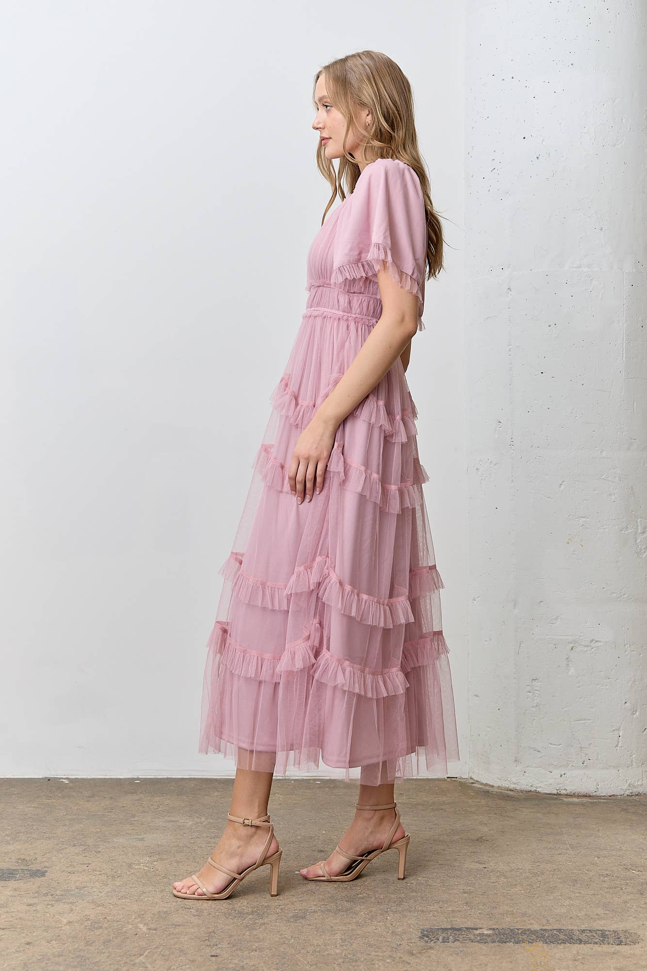 Sheer Ruffle Tiered Tulle Maxi Dress