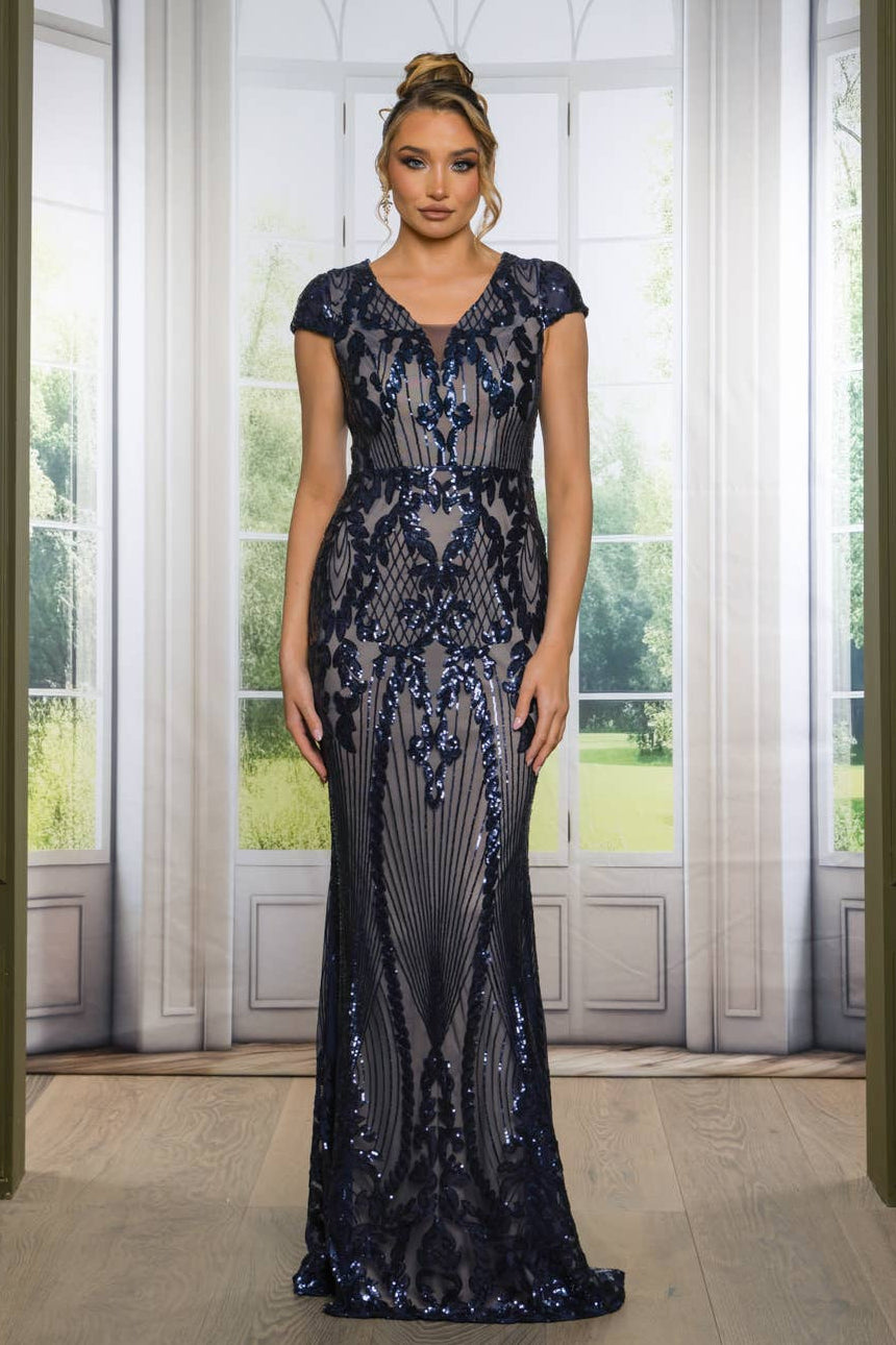 Sequin Maxi Dress with Short Cap Sleeves