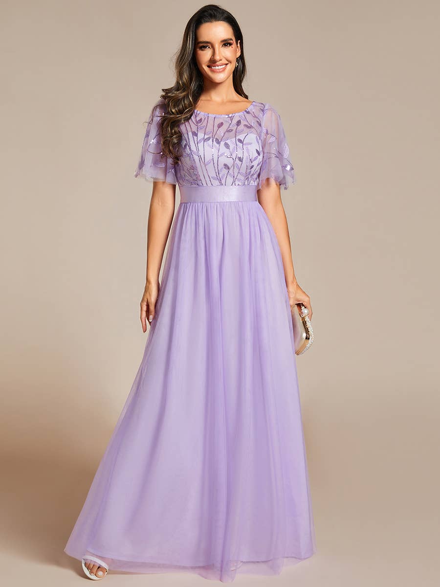 Sequin Print Maxi Long Evening Dress with Cap Sleeve
