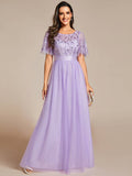 Sequin Print Maxi Long Evening Dress with Cap Sleeve