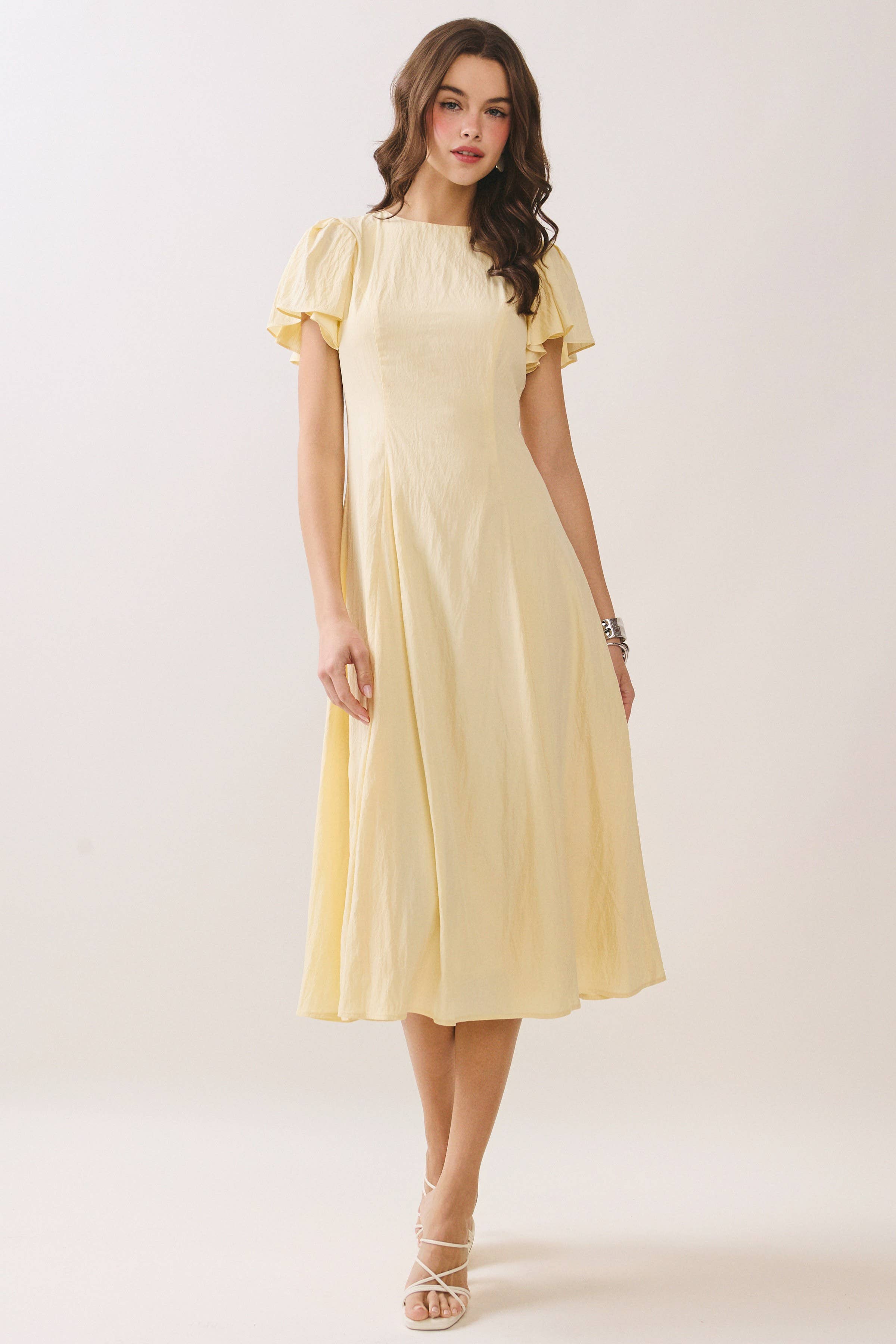 Flutter Short Sleeves Flowy Hem Midi Dress
