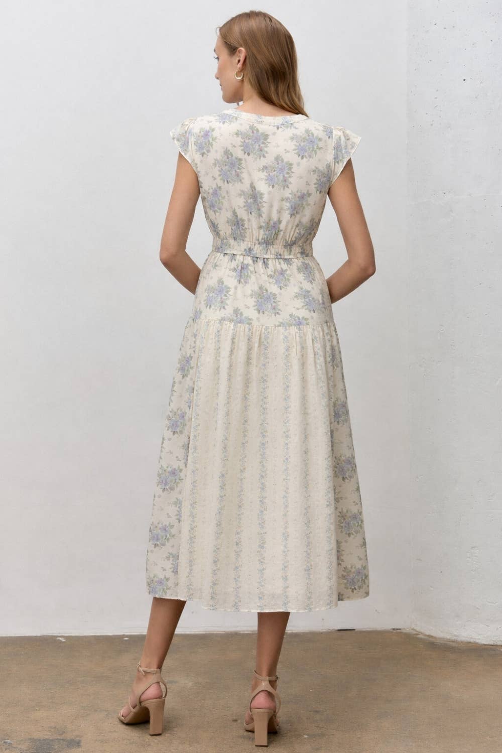 Mixed Floral Print V-neck Midi Dress