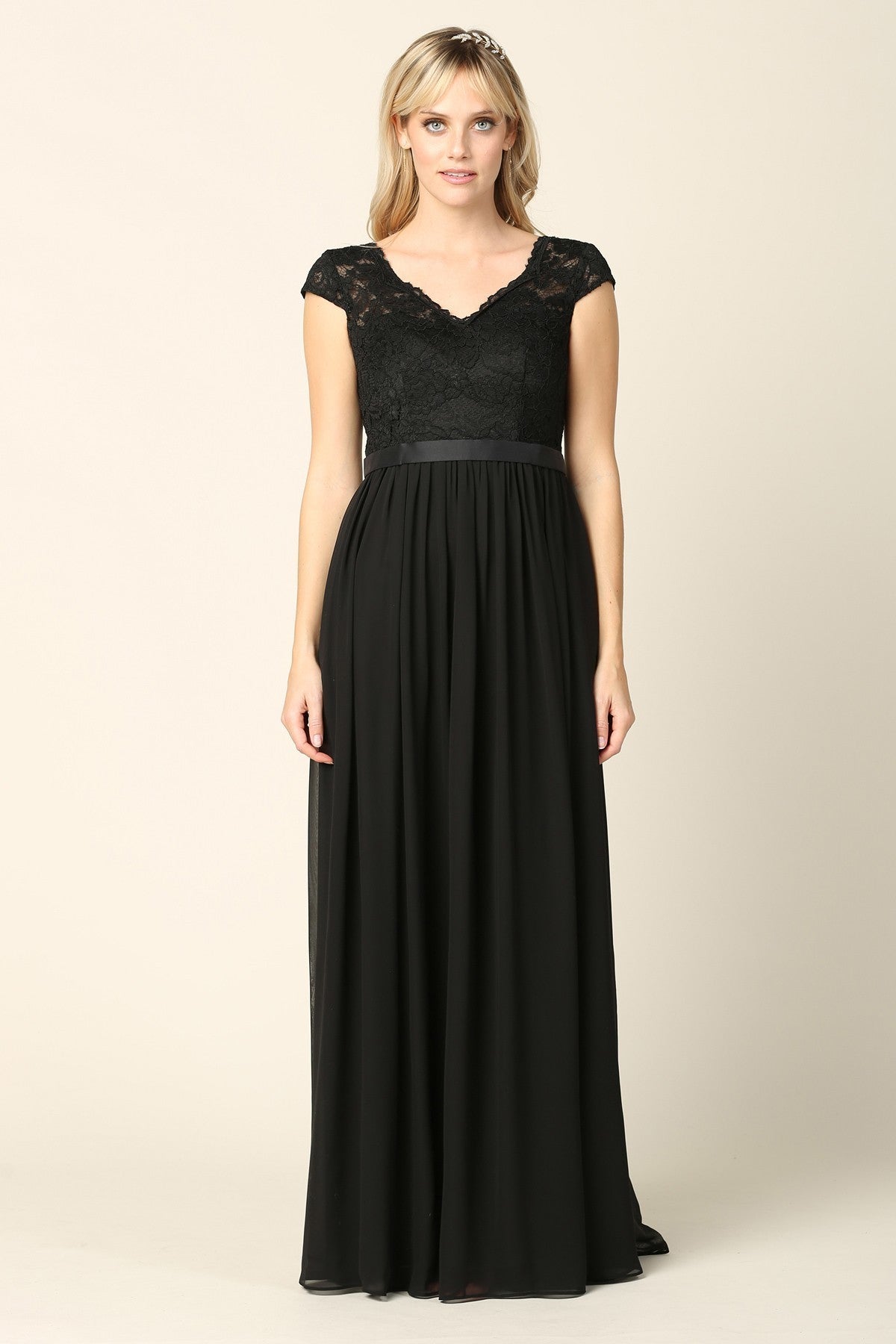 Lace And Chiffon Gown With Cap Sleeves