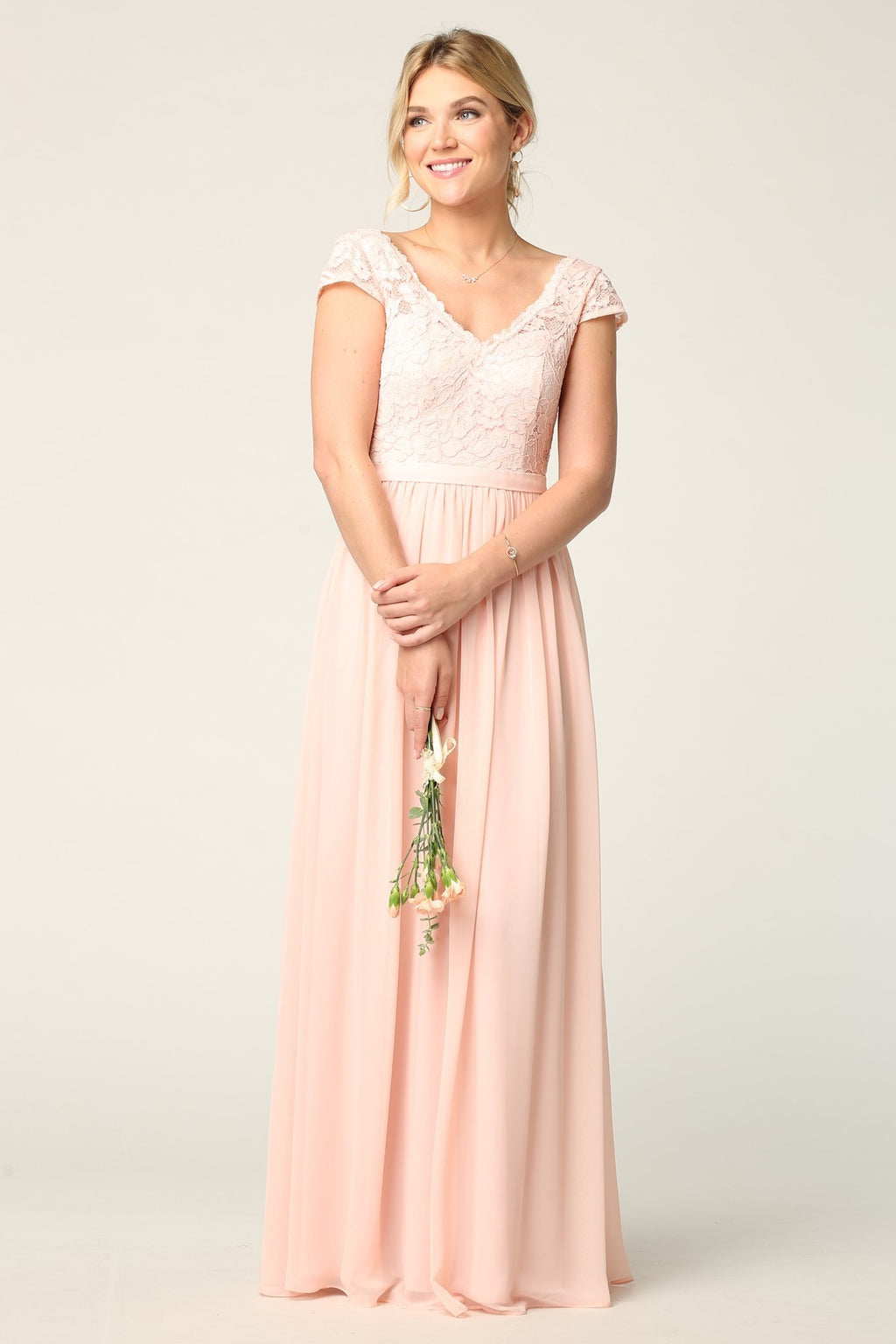 Lace And Chiffon Gown With Cap Sleeves
