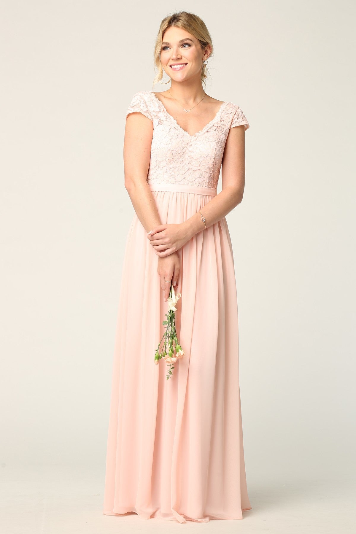 Lace And Chiffon Gown With Cap Sleeves