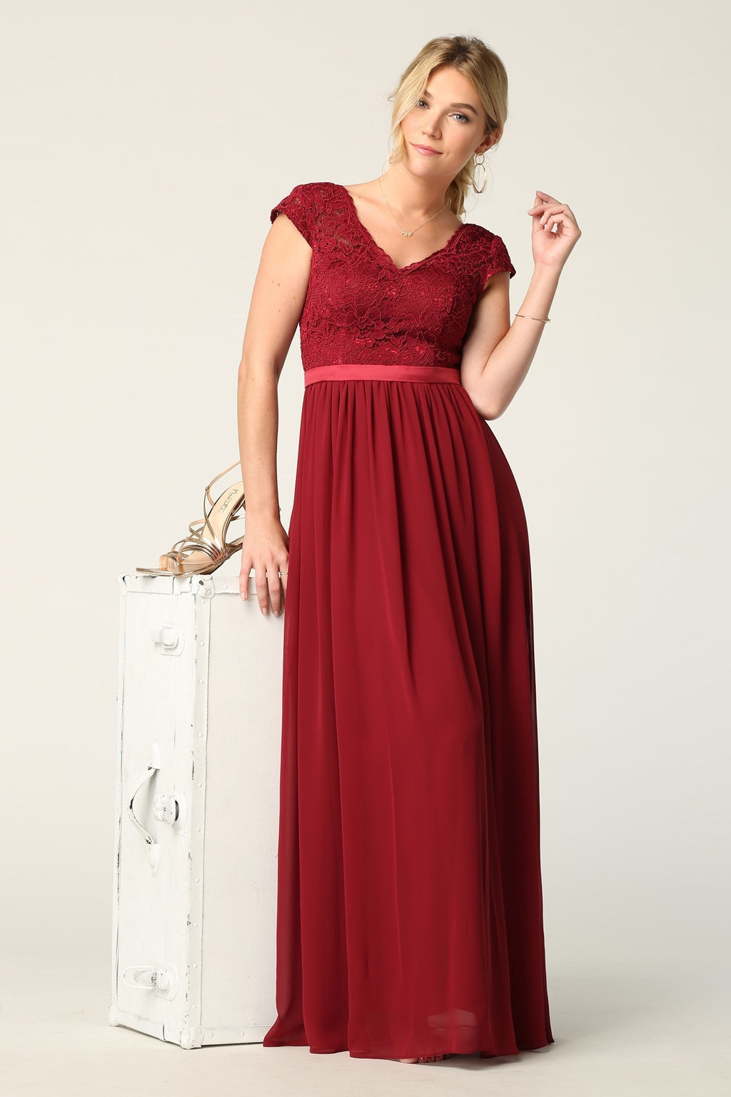 Lace And Chiffon Gown With Cap Sleeves