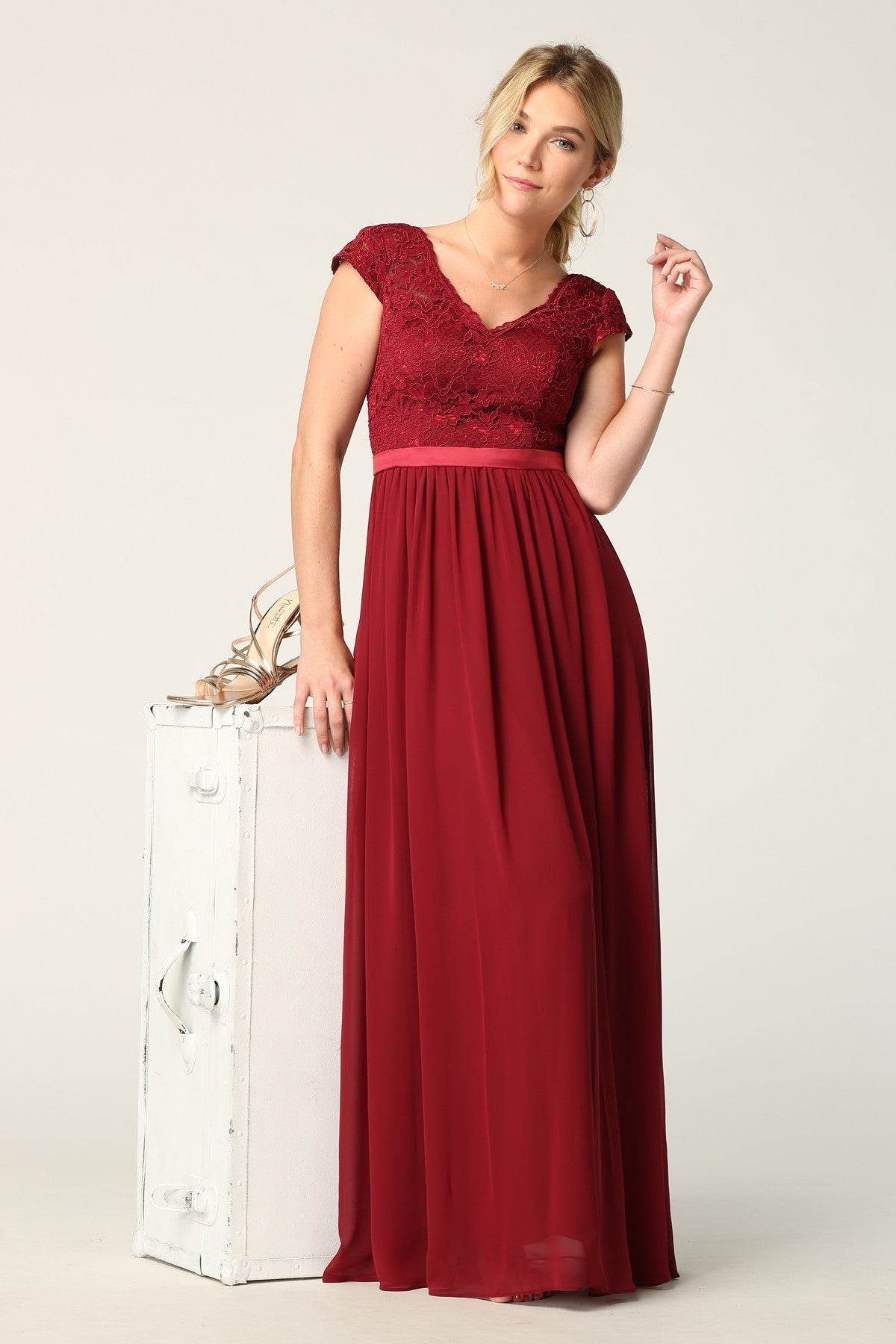Lace And Chiffon Gown With Cap Sleeves