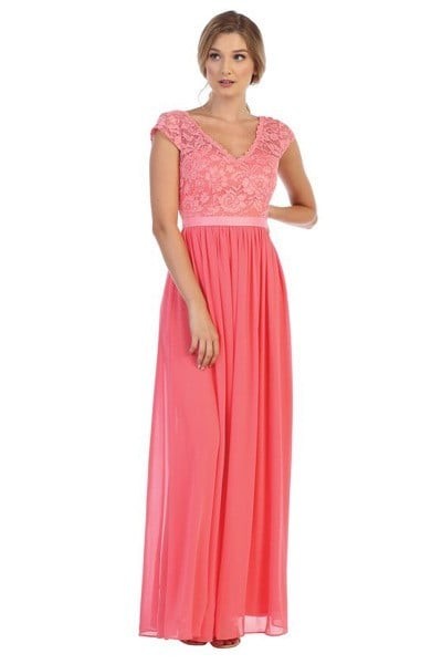 Lace And Chiffon Gown With Cap Sleeves