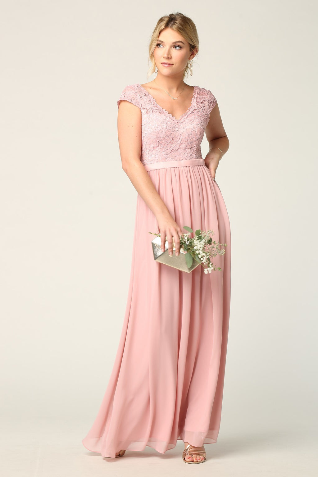 Lace And Chiffon Gown With Cap Sleeves