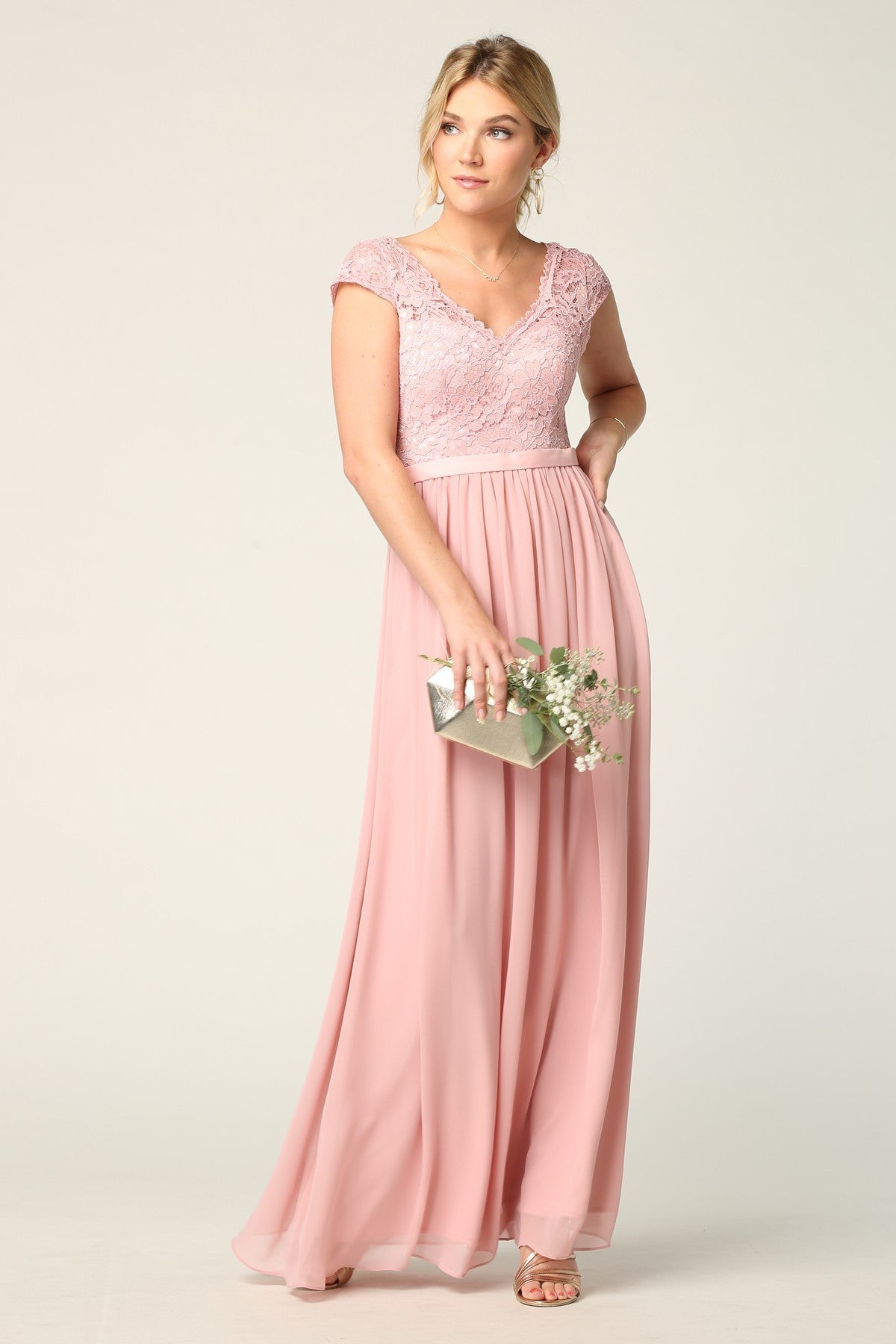 Lace And Chiffon Gown With Cap Sleeves