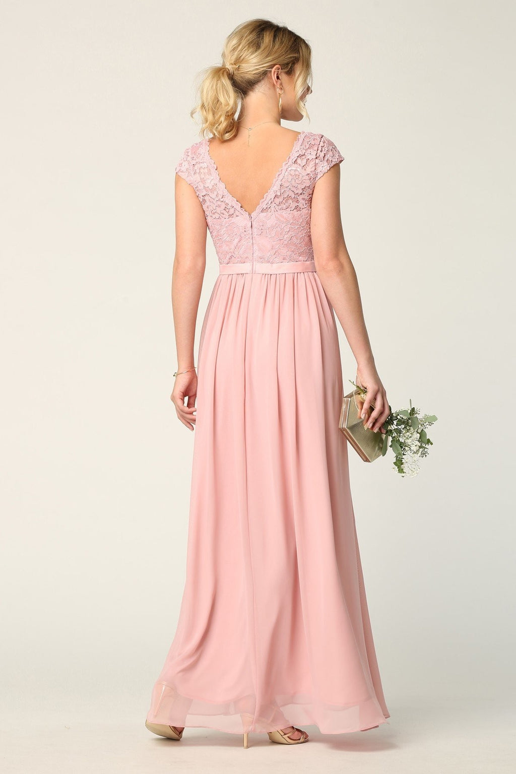 Lace And Chiffon Gown With Cap Sleeves