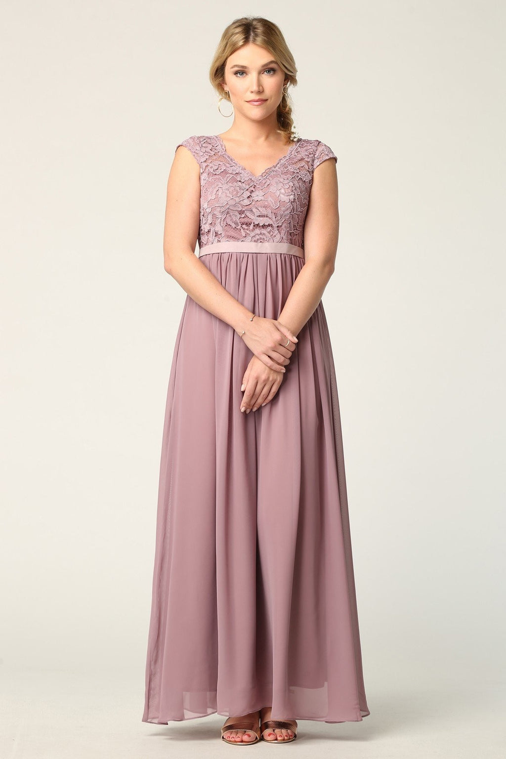 Lace And Chiffon Gown With Cap Sleeves