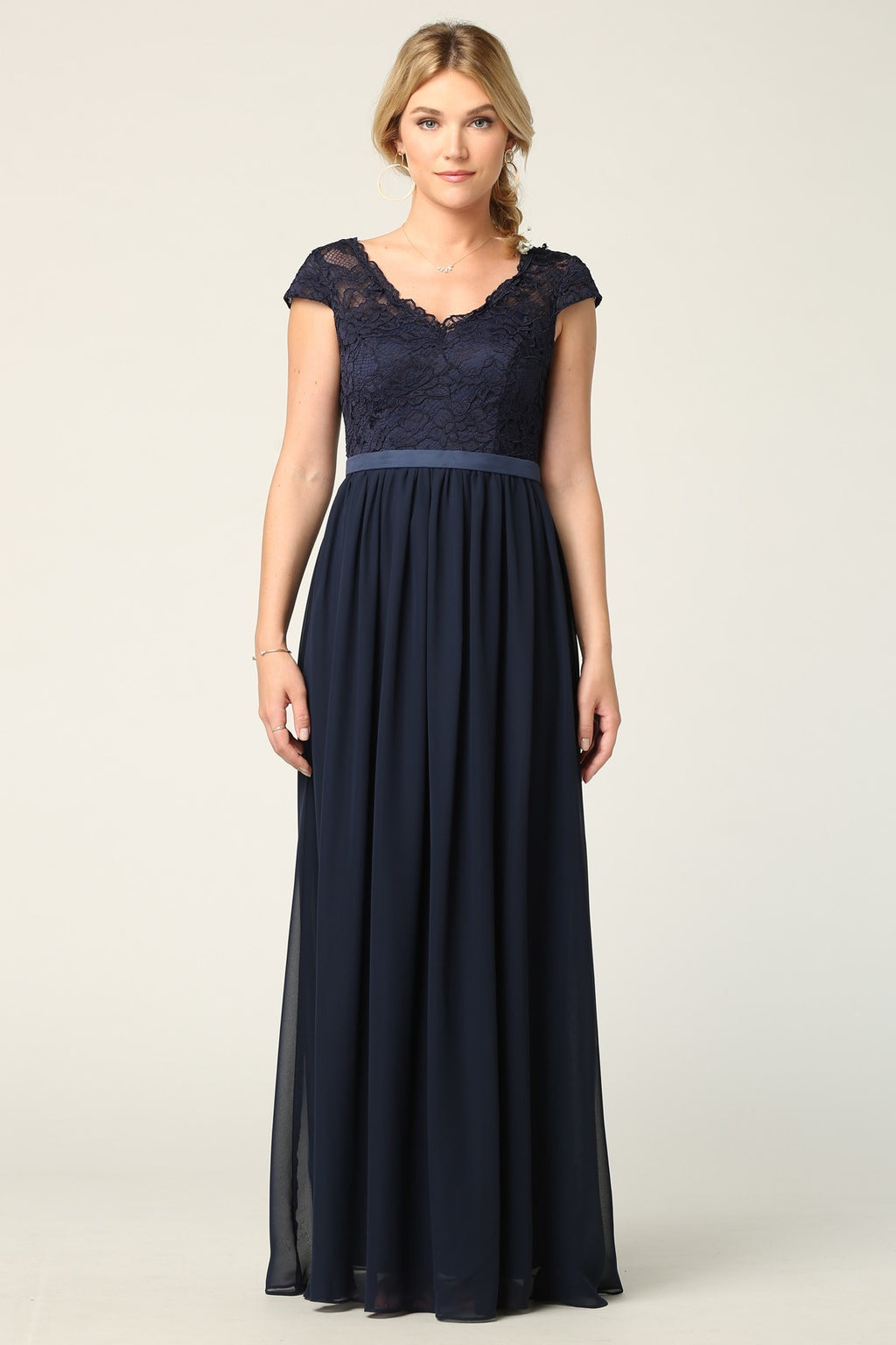 Lace And Chiffon Gown With Cap Sleeves