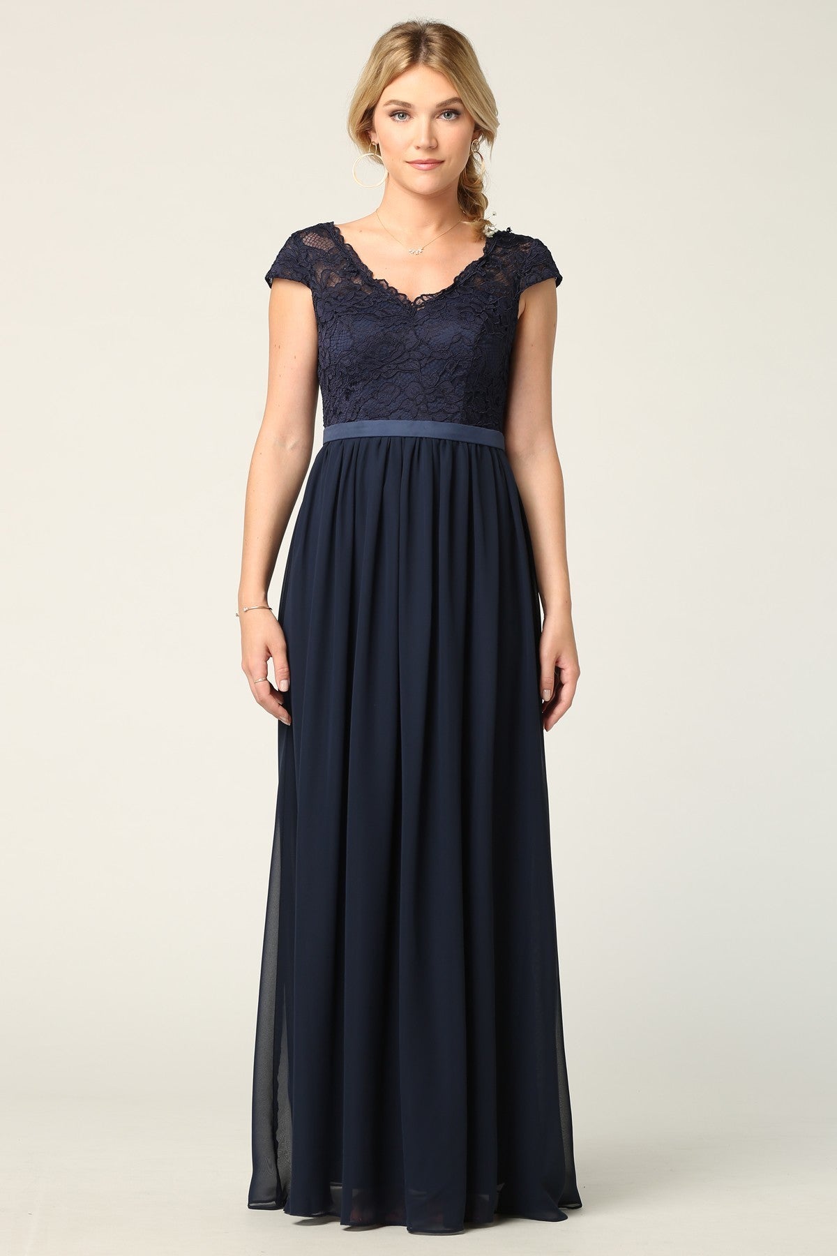 Lace And Chiffon Gown With Cap Sleeves