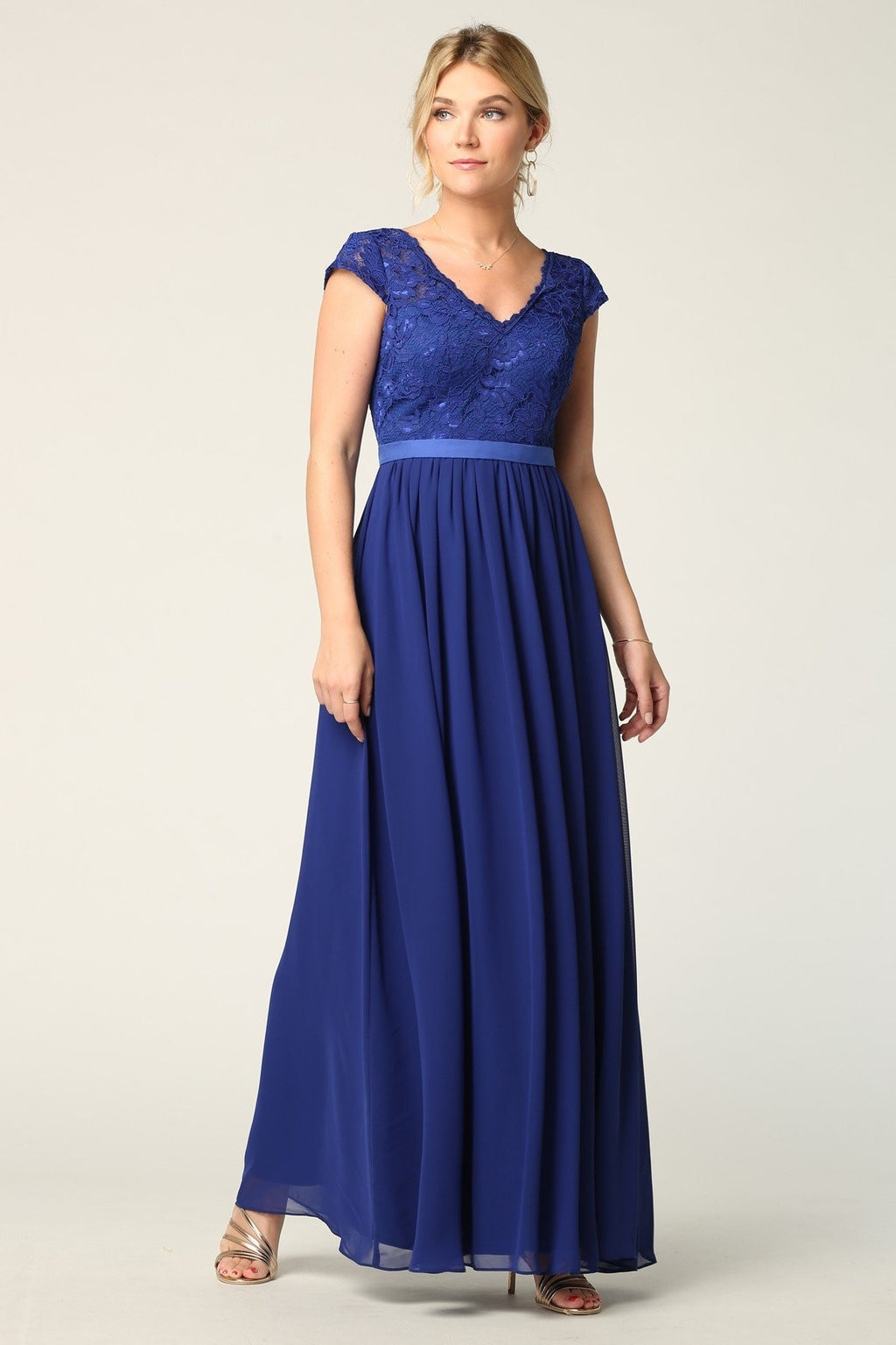 Lace And Chiffon Gown With Cap Sleeves