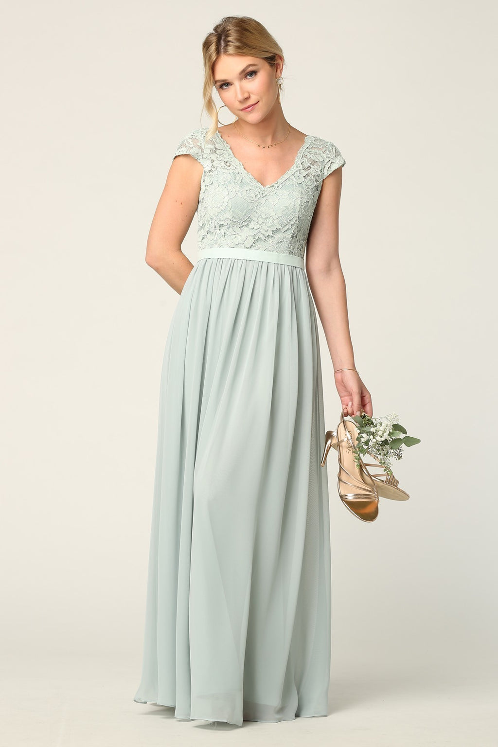 Lace And Chiffon Gown With Cap Sleeves