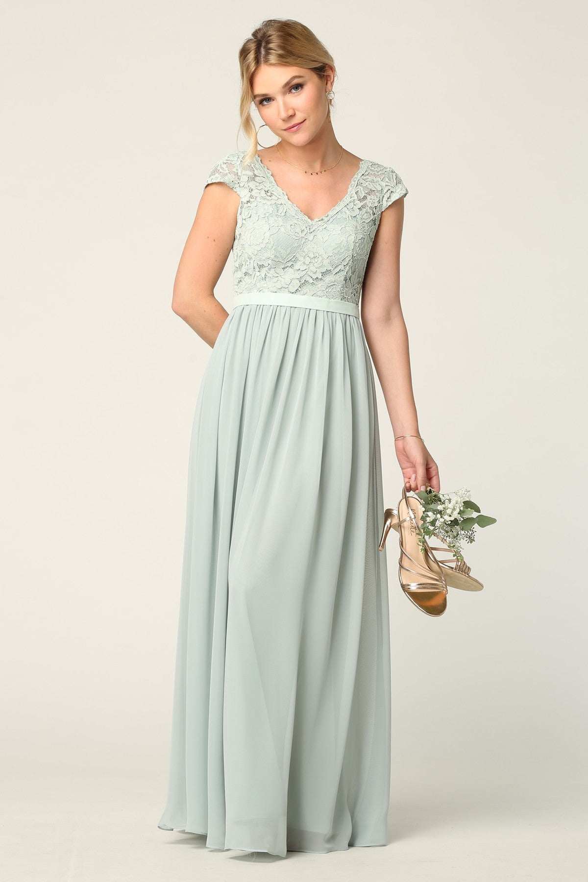 Lace And Chiffon Gown With Cap Sleeves
