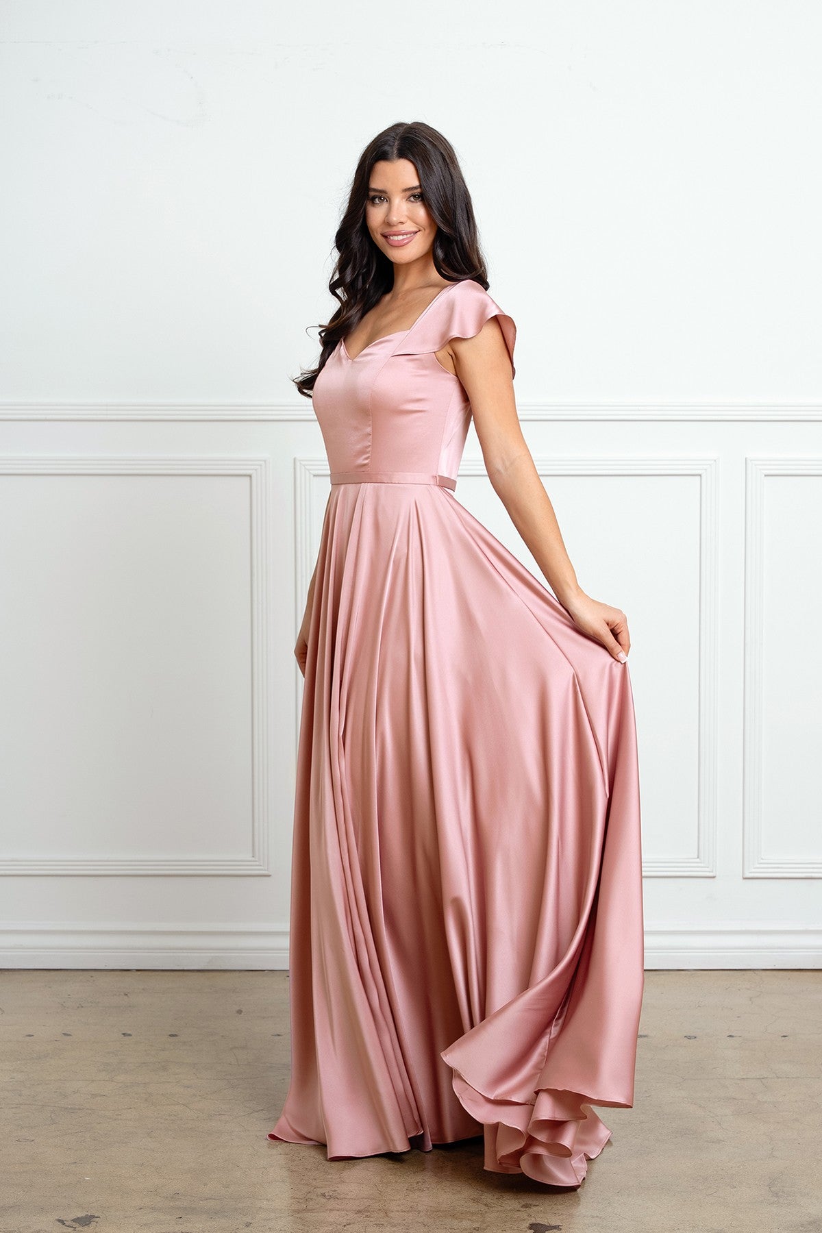 Satin A-line Flutter Sleeve Dress