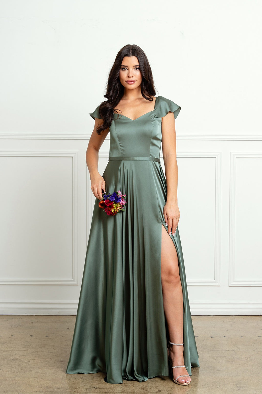 Satin A-line Flutter Sleeve Dress