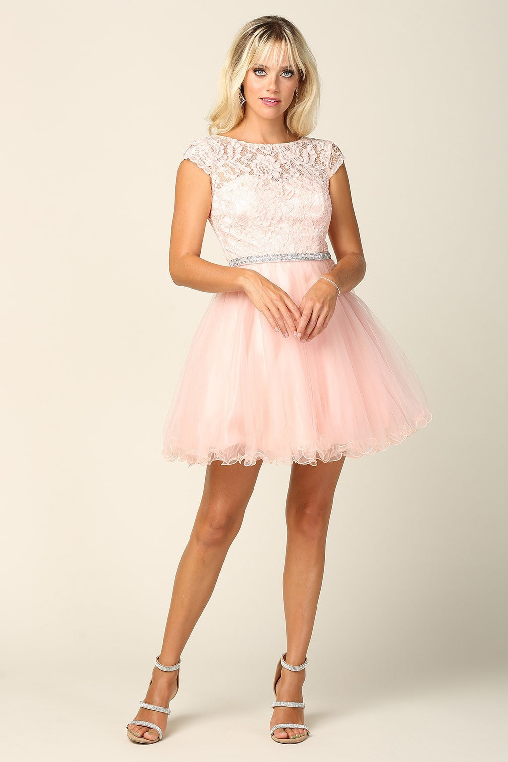 Mini Lace And Tulle Cap Sleeve Dress With Belt