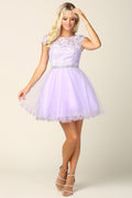 Mini Lace And Tulle Cap Sleeve Dress With Belt