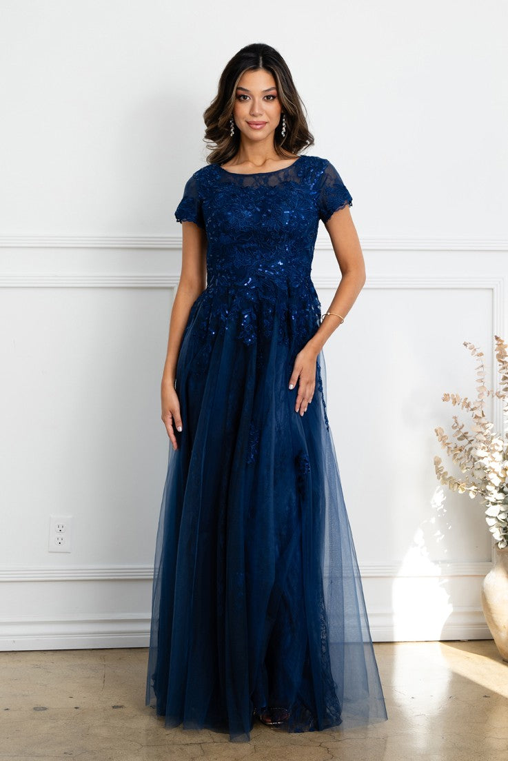 Short Sleeve Tulle and Lace Gown