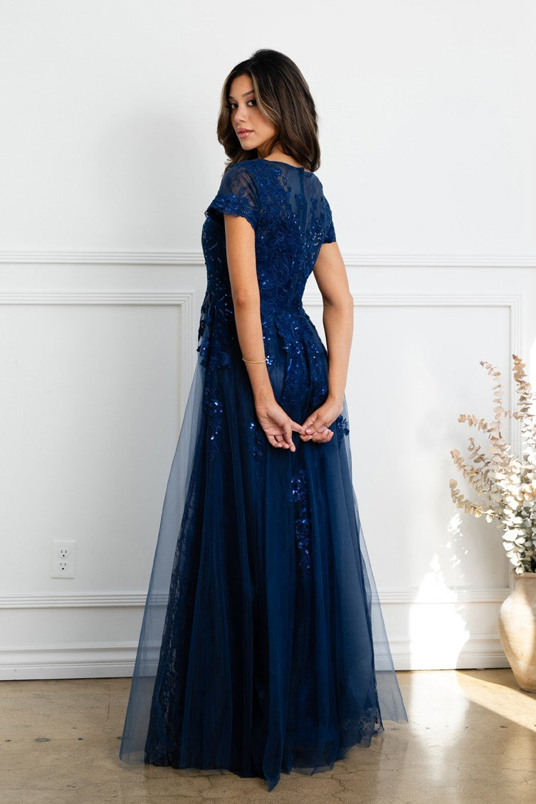 Short Sleeve Tulle and Lace Gown