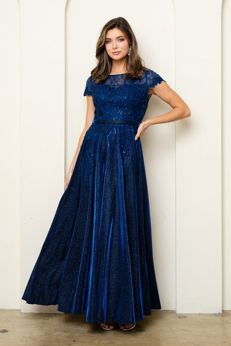 Sparkle Lace and Glitter Cap Sleeve Gown