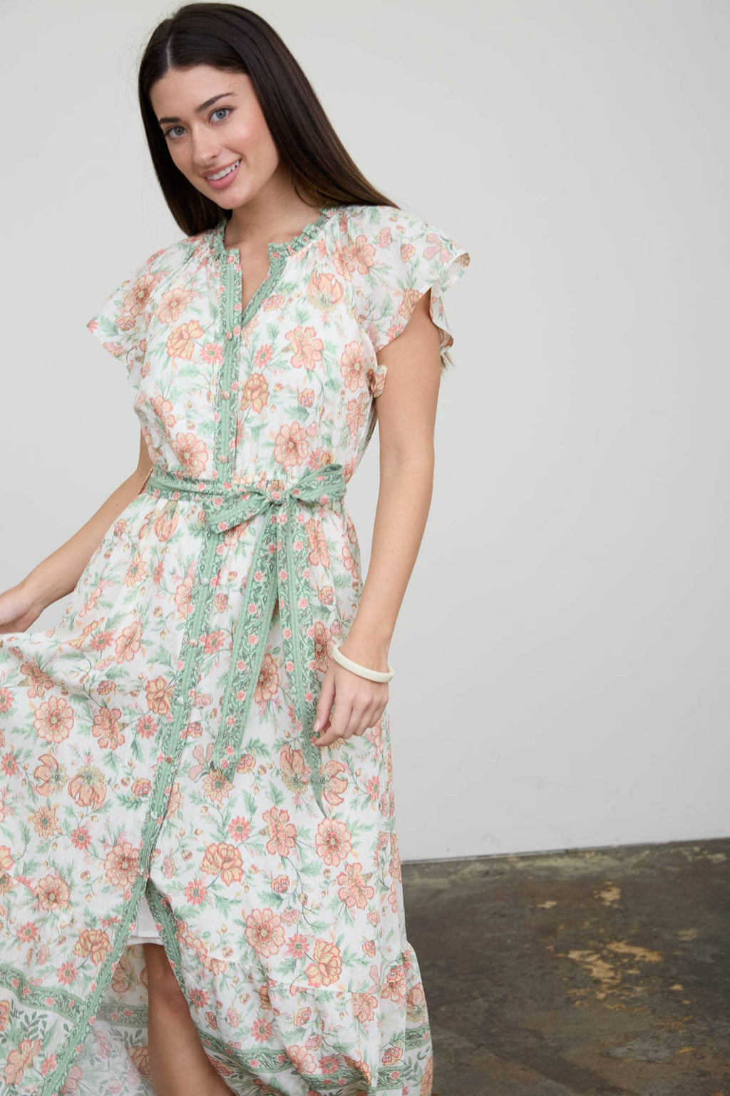 Floral Border Print Belt Strap Midi Dress