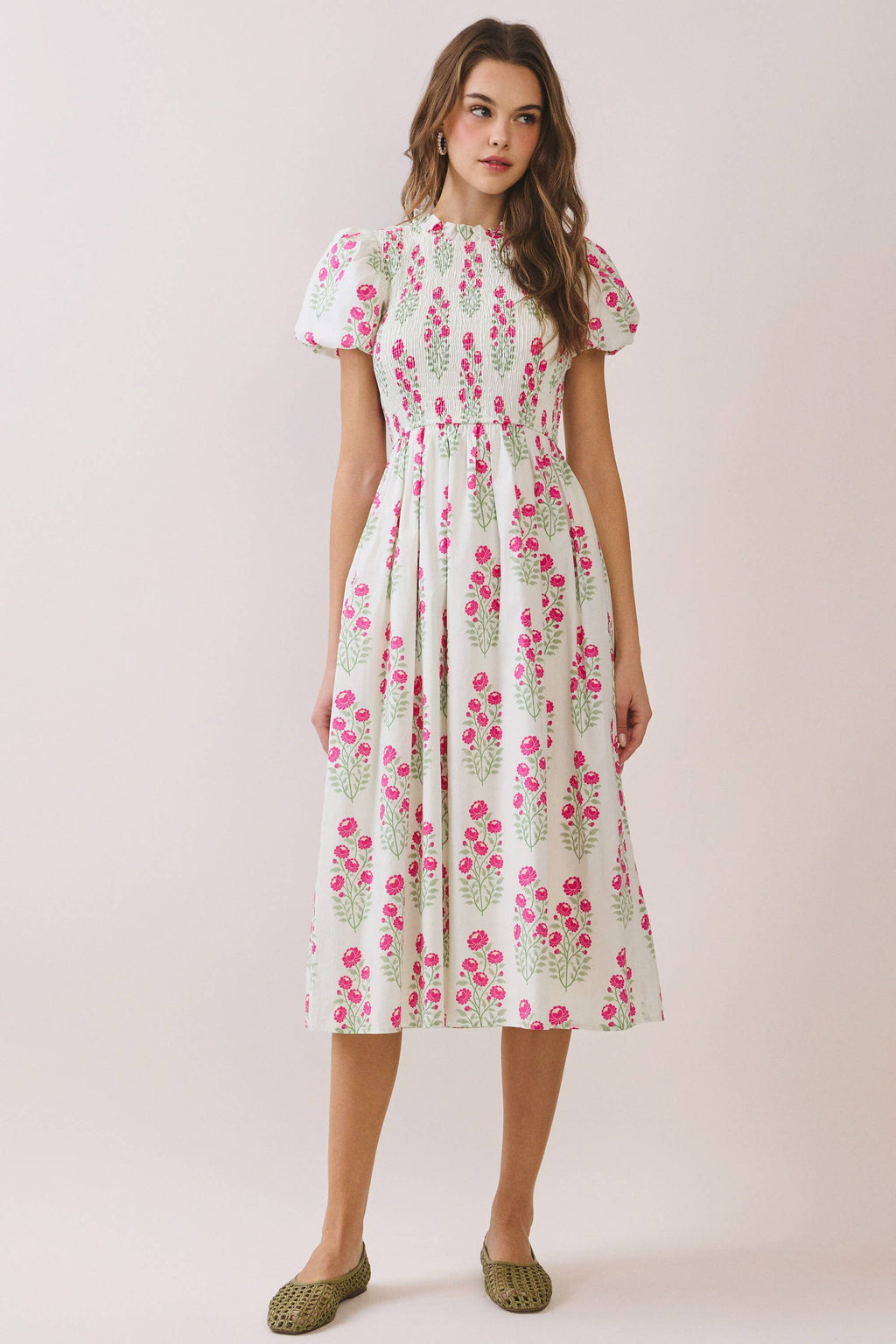 Floral Print Smocked Bodice High Neck Midi Dress