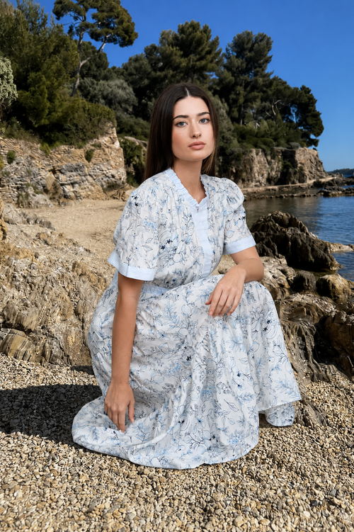Blooming Print Split Neck Short Sleeve Midi Dress