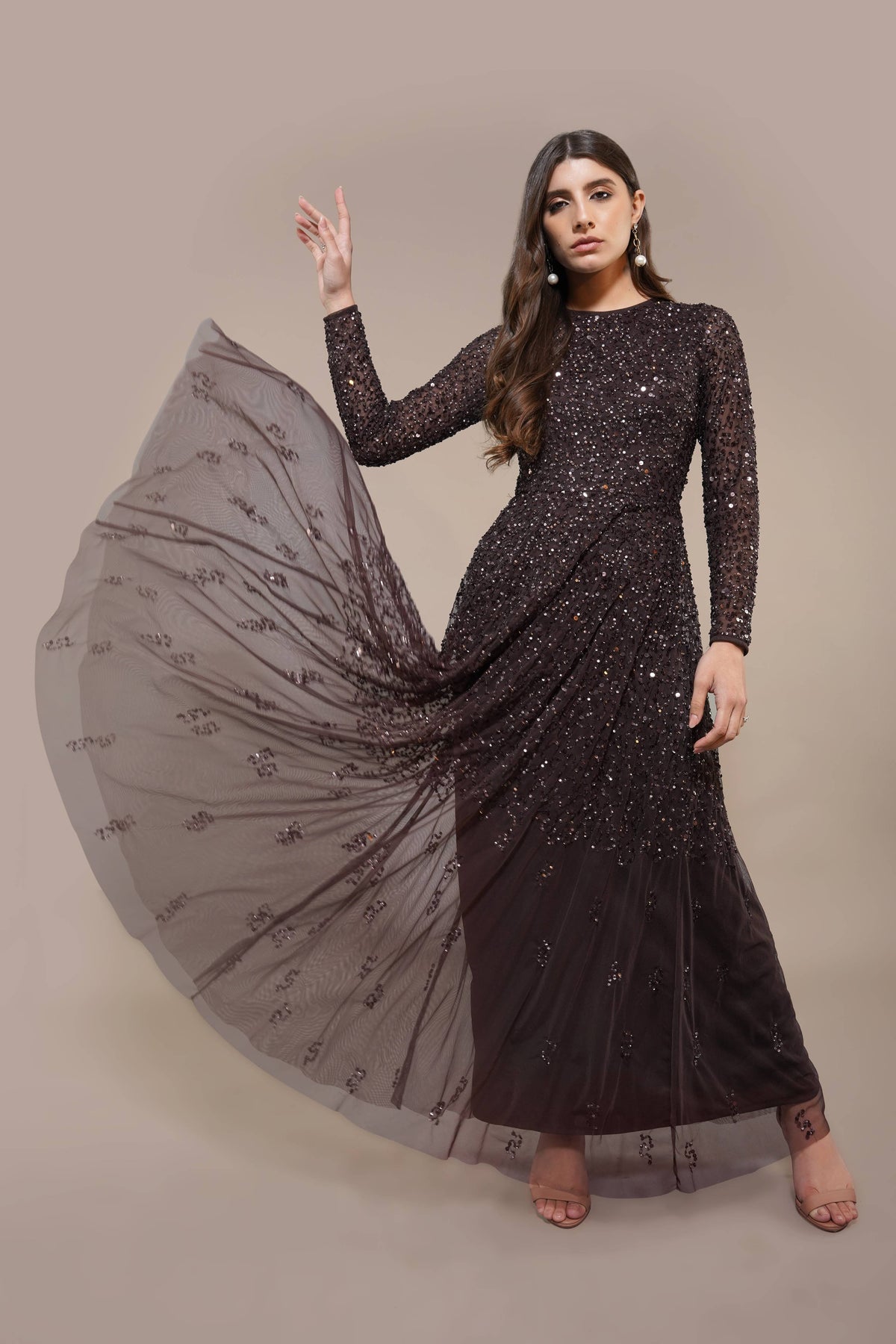 Sila Long Sleeve Embellished Maxi Dress in Coffee Brown
